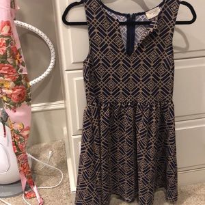 Everly dress with tan and navy design